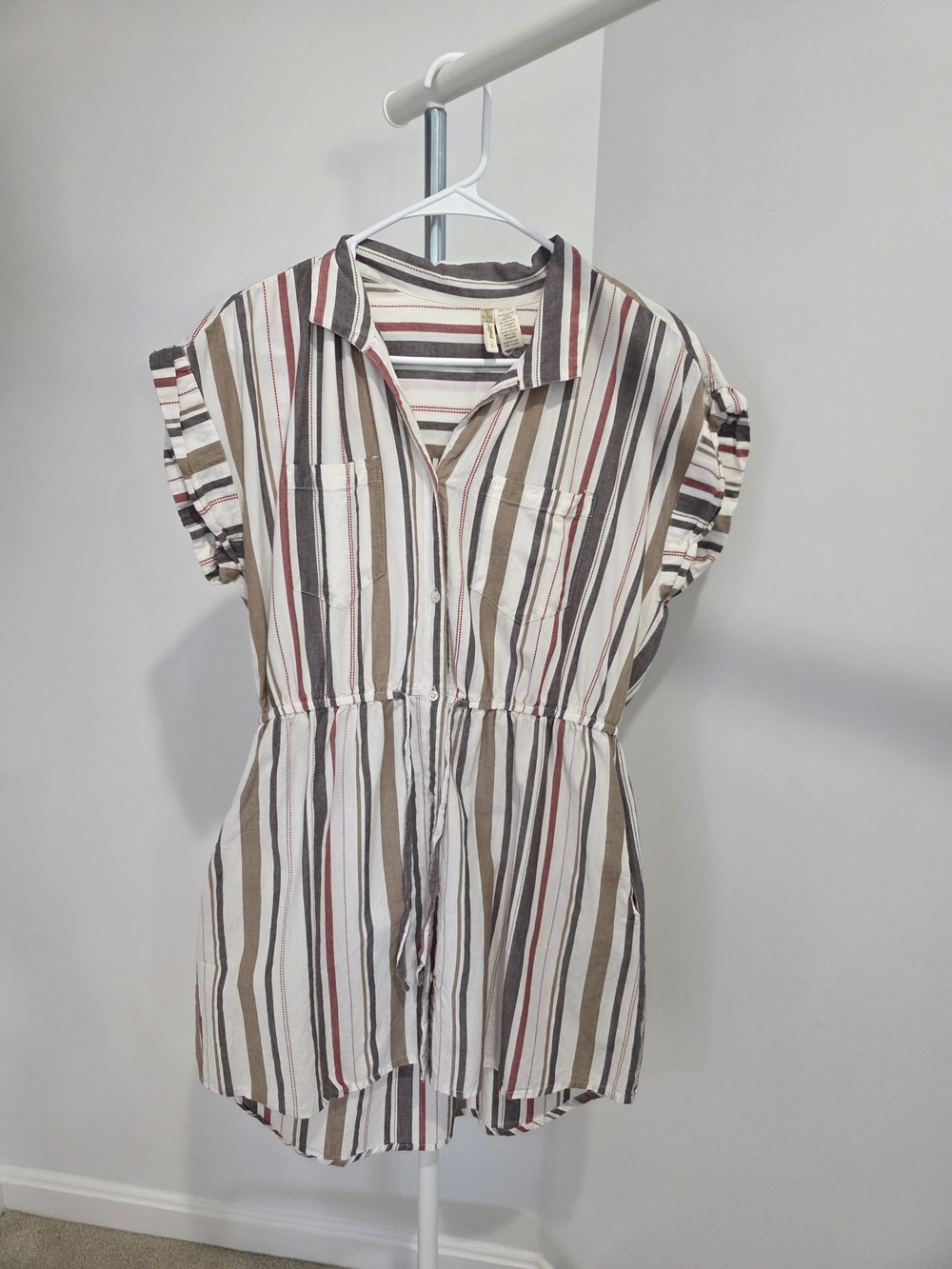Japna Multicolor Vertical Stripe Button-Down Romper - Cream, Brown, Red, Black
